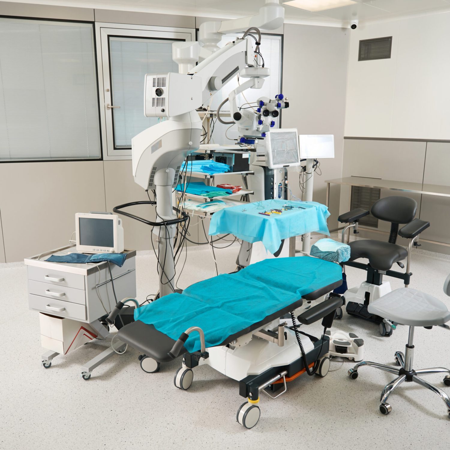 Operating room in the hospital, couch on wheels, medical equipment for monitoring the patient condition